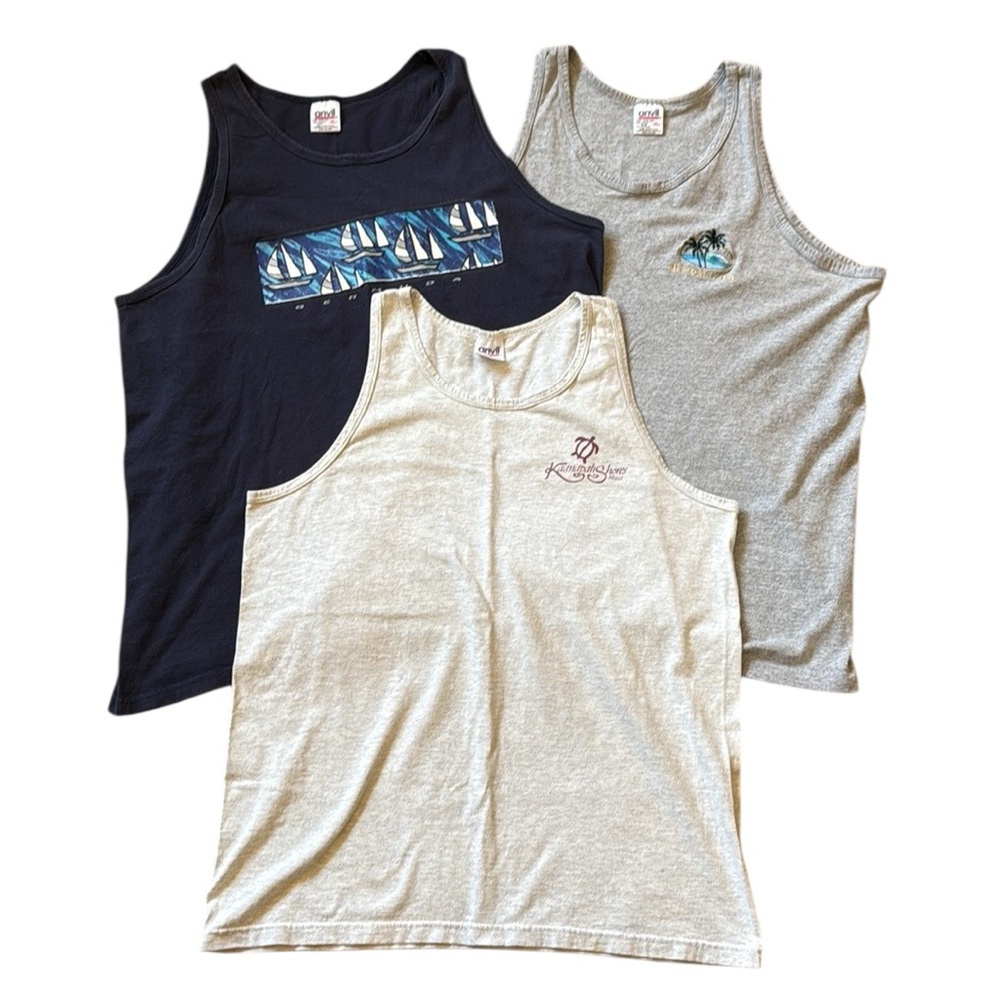 Vintage Anvil Tank Tops Lot of 3 Bermuda Maui Graphic Cotton XL L USA Made